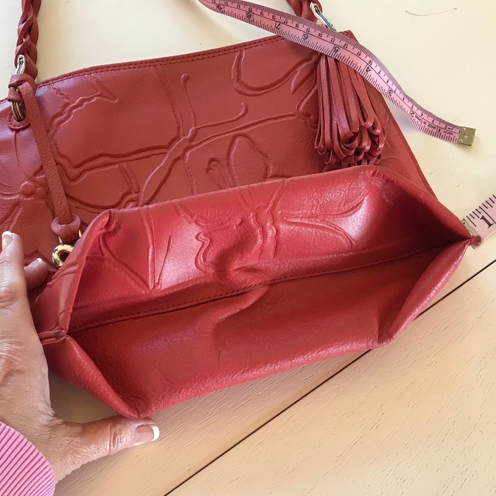 BRIGHTON RED LEATHER EMBOSSED BUTTERFLIES BOHO-CHIC STATEMENT BAG - Picture 10 of 16